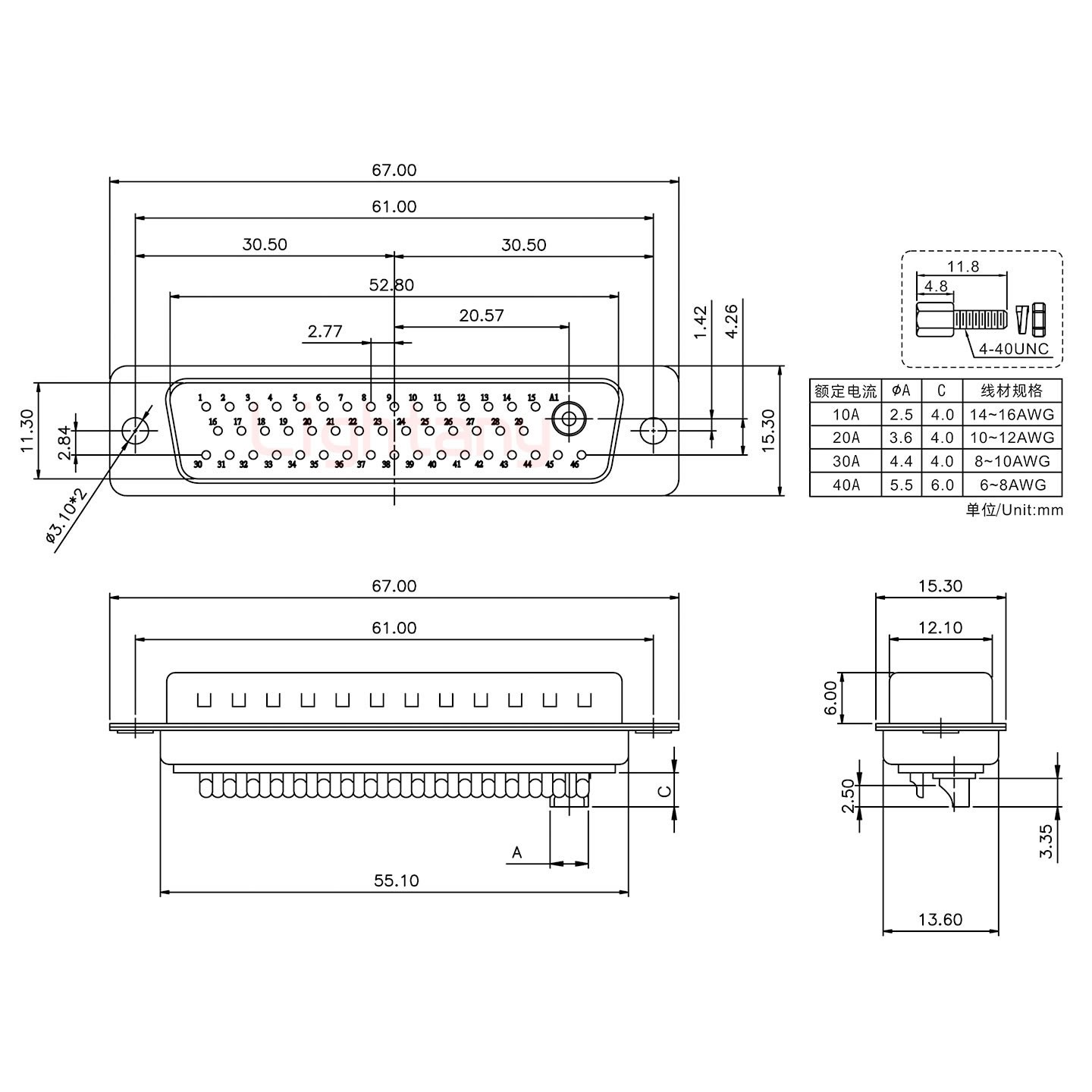 47W1公短體焊線/螺絲螺母/大電流20A