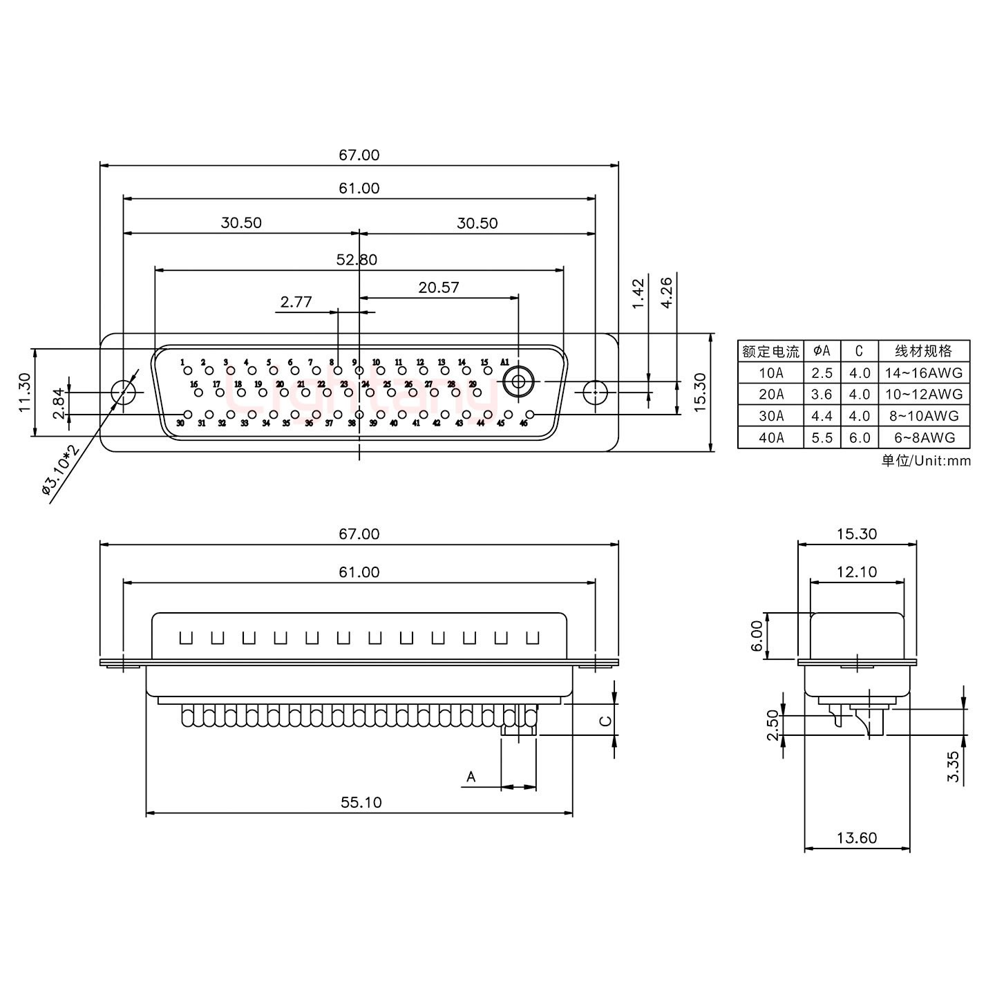 47W1公短體焊線30A+50P金屬外殼1331直出線12.5mm