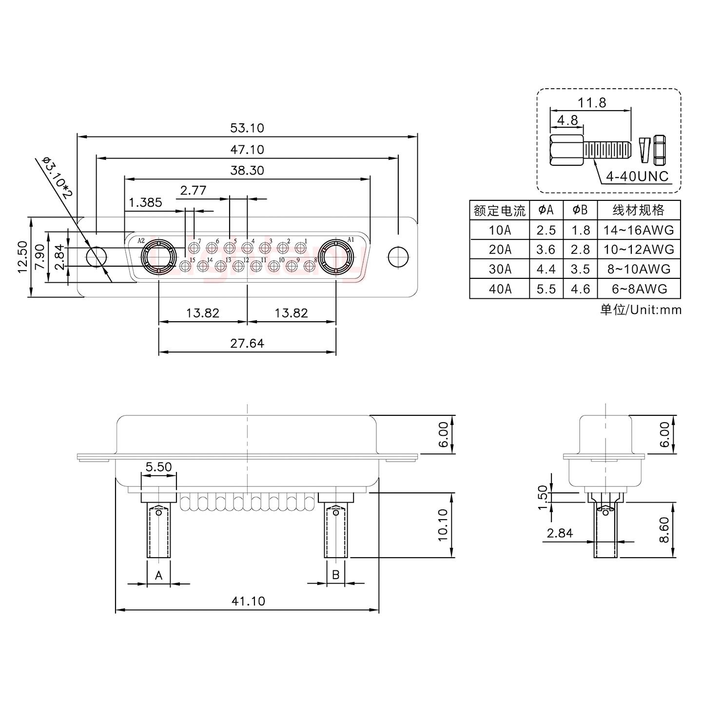 17W2母壓線式/配螺絲螺母/大電流40A