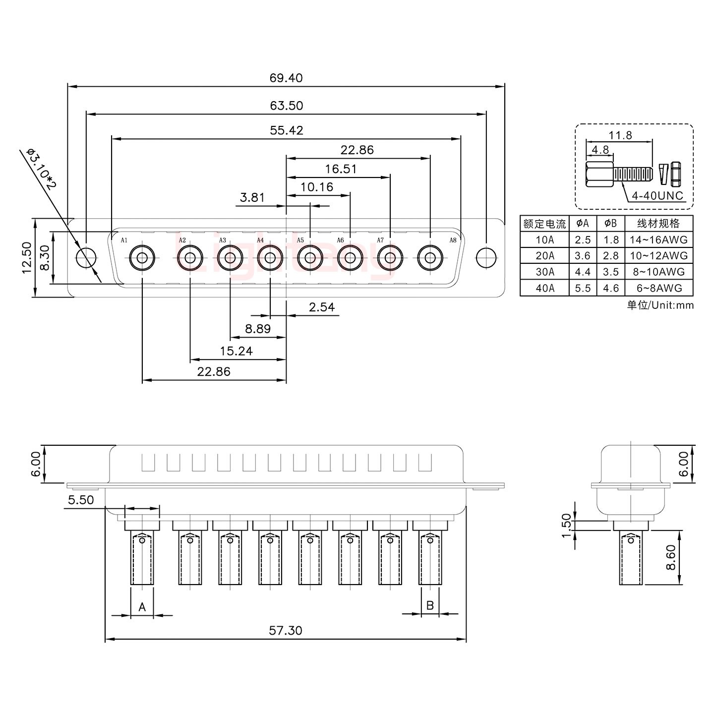 8W8公壓線(xiàn)式/配螺絲螺母/大電流10A