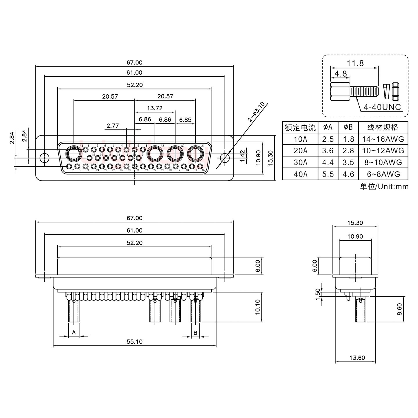 36W4母壓線式/配螺絲螺母/大電流20A