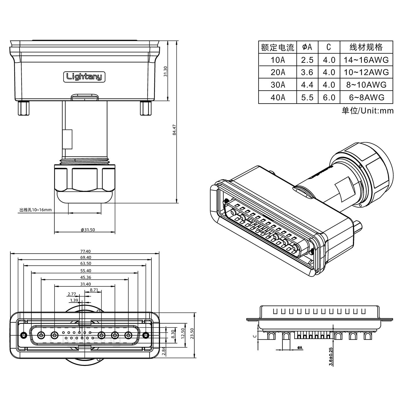 17W5公頭焊線+防水接頭/線徑10~16mm/大電流40A