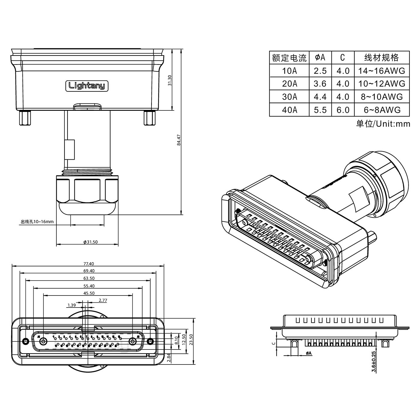 27W2公頭焊線+防水接頭/線徑10~16mm/大電流40A