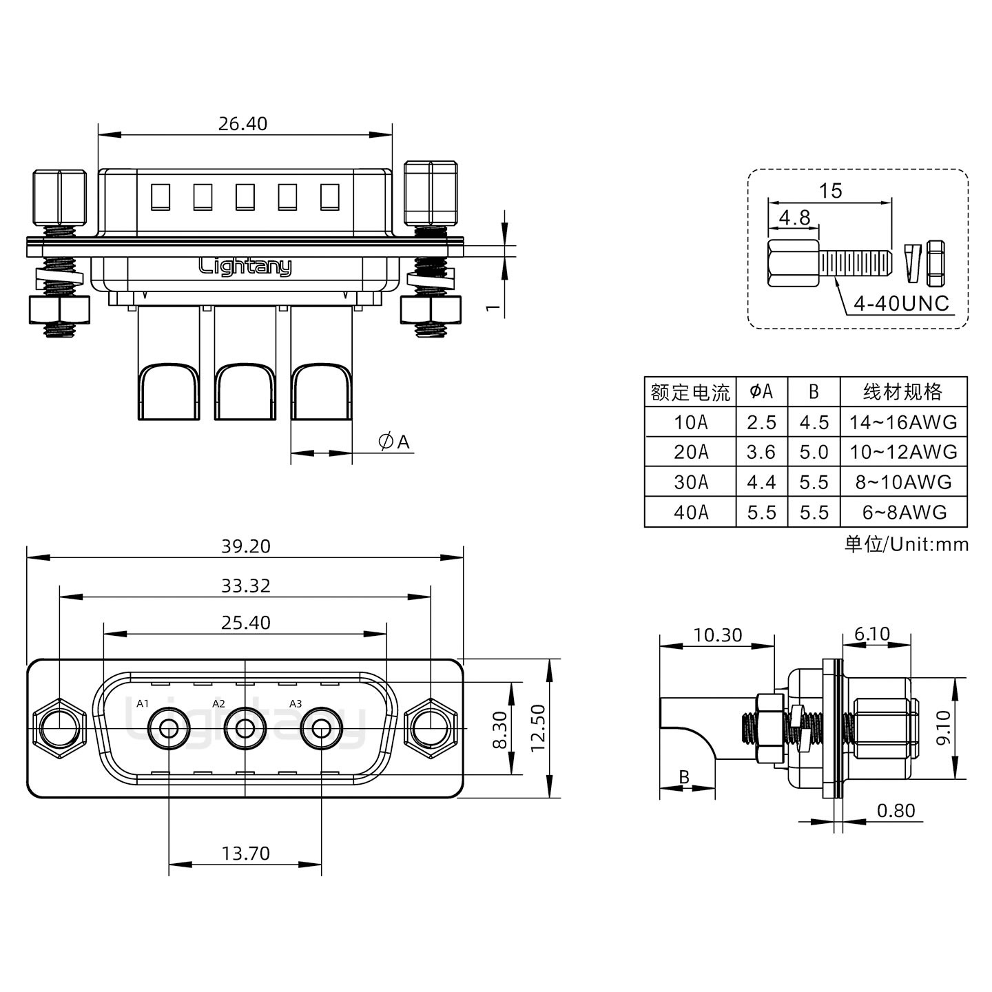 3W3公焊線式/鎖螺絲螺母+防水墊片/大電流40A