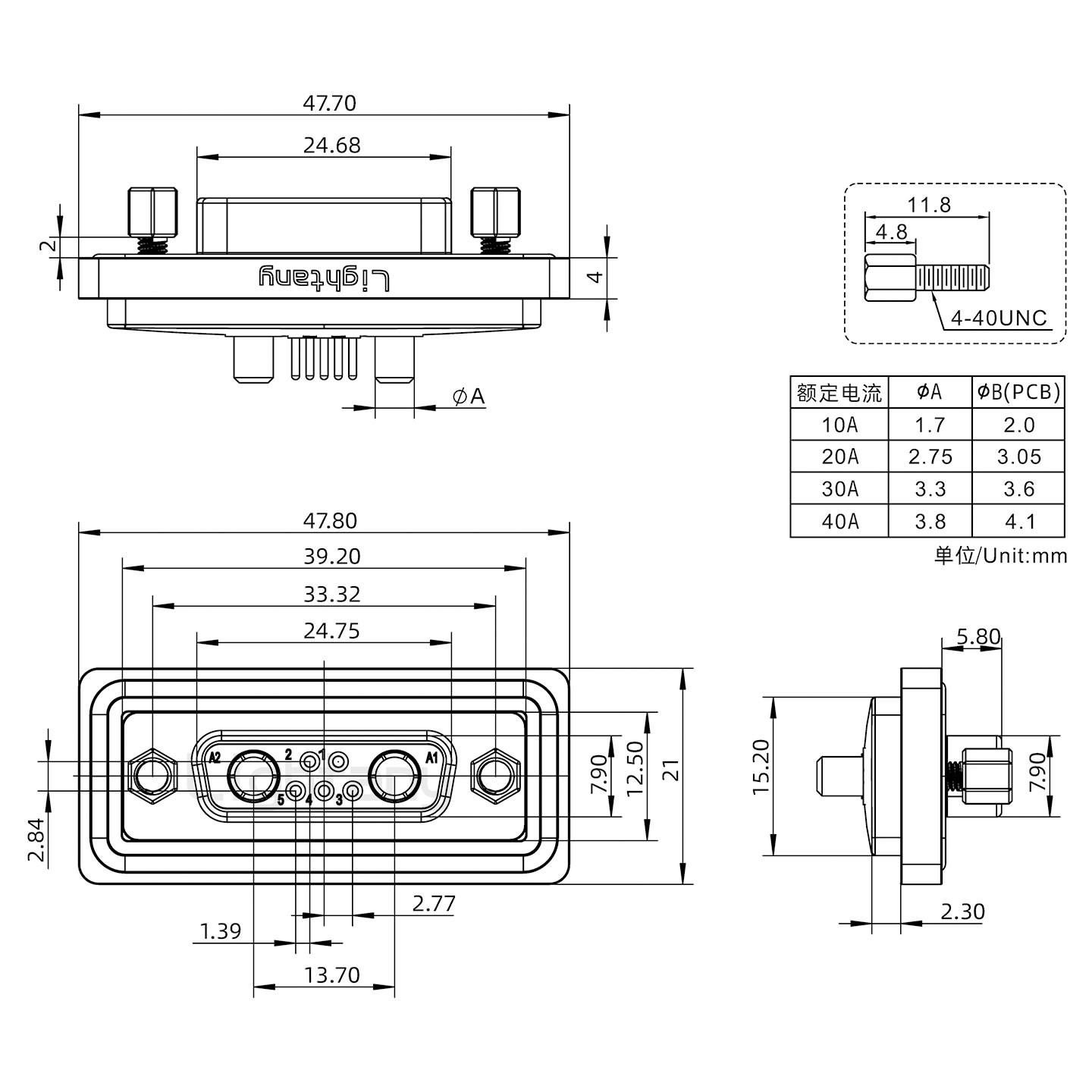 防水7W2母直插板/鎖螺絲/大電流40A