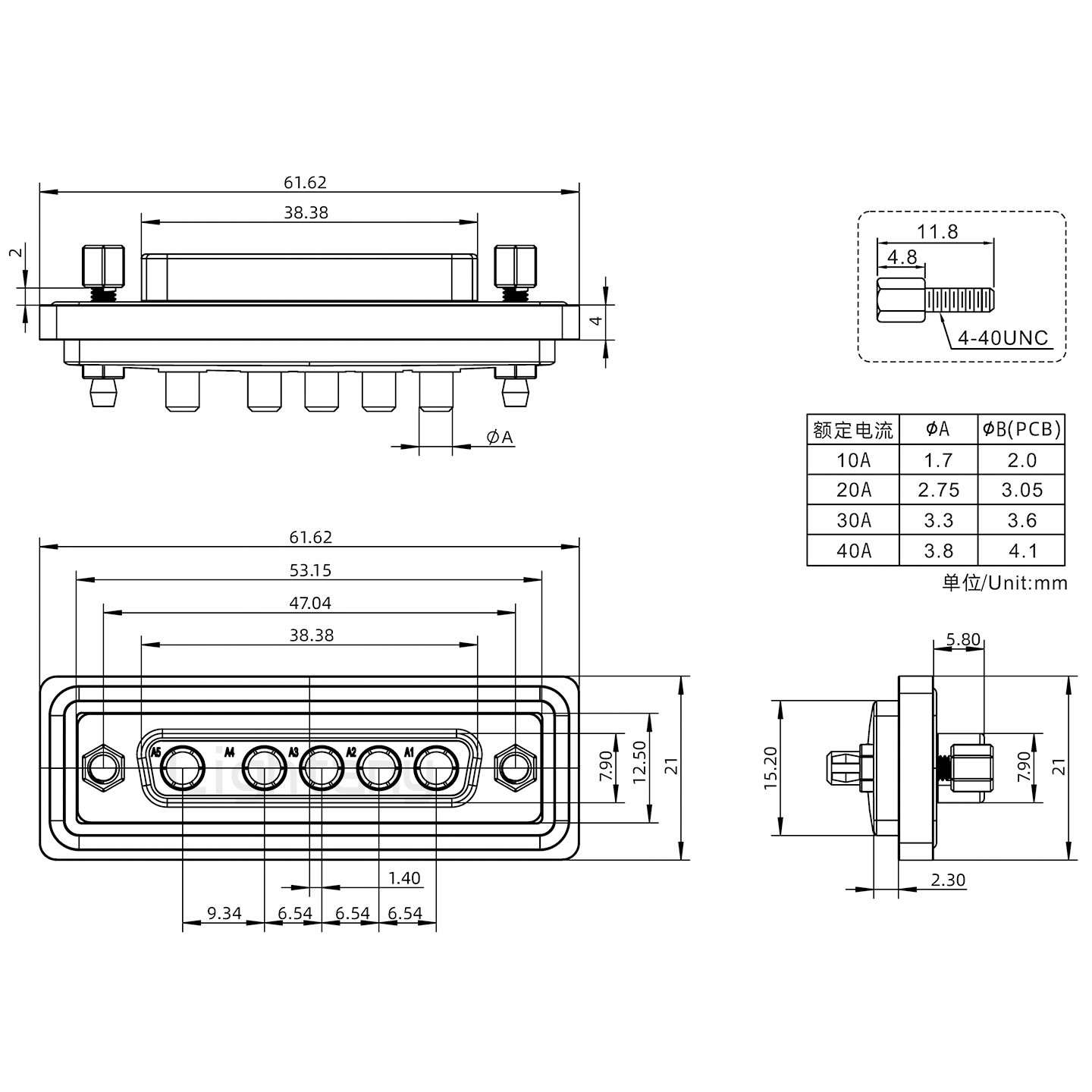 防水5W5母直插板/鉚魚叉/鎖螺絲/大電流40A