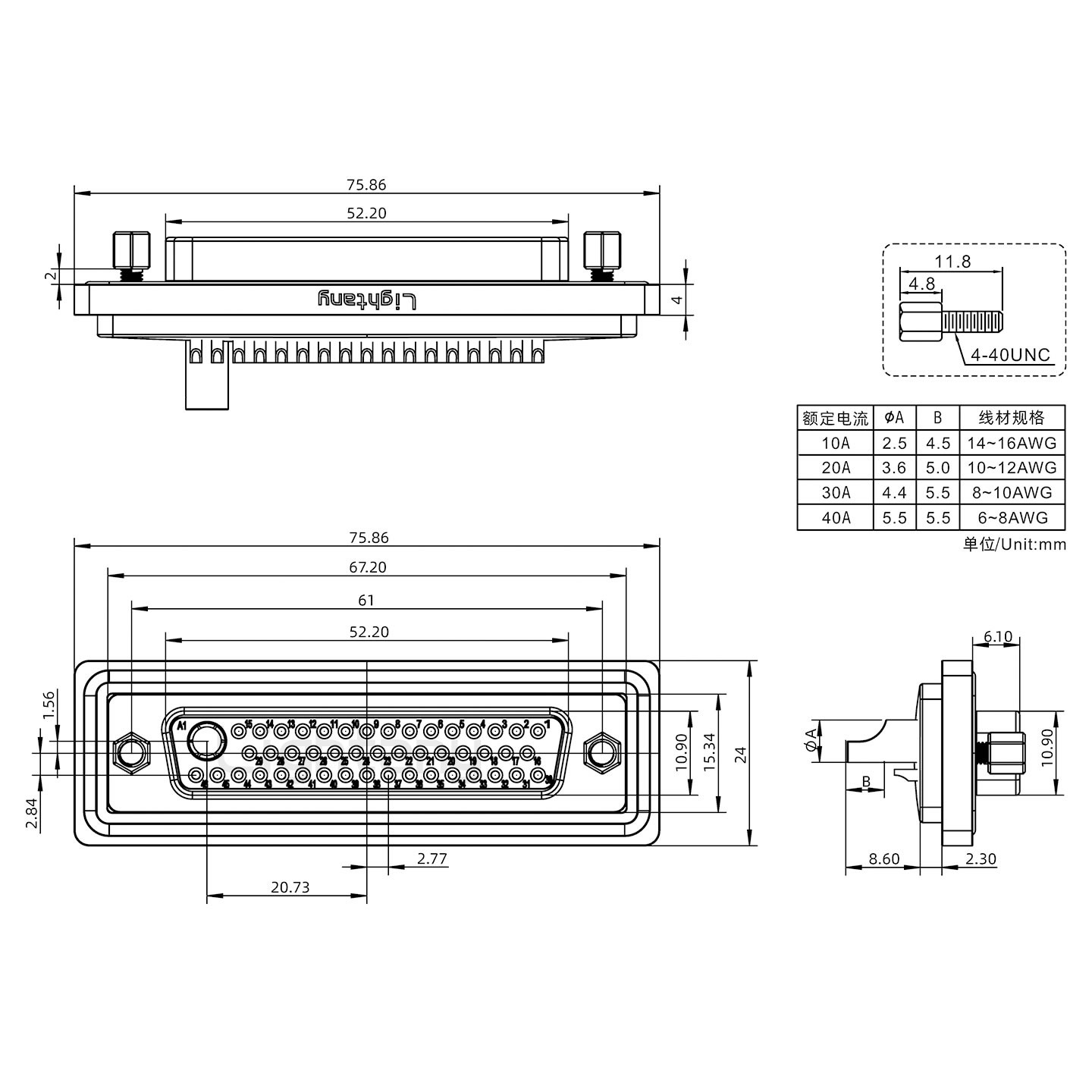 防水47W1母焊線式/鎖螺絲/大電流40A