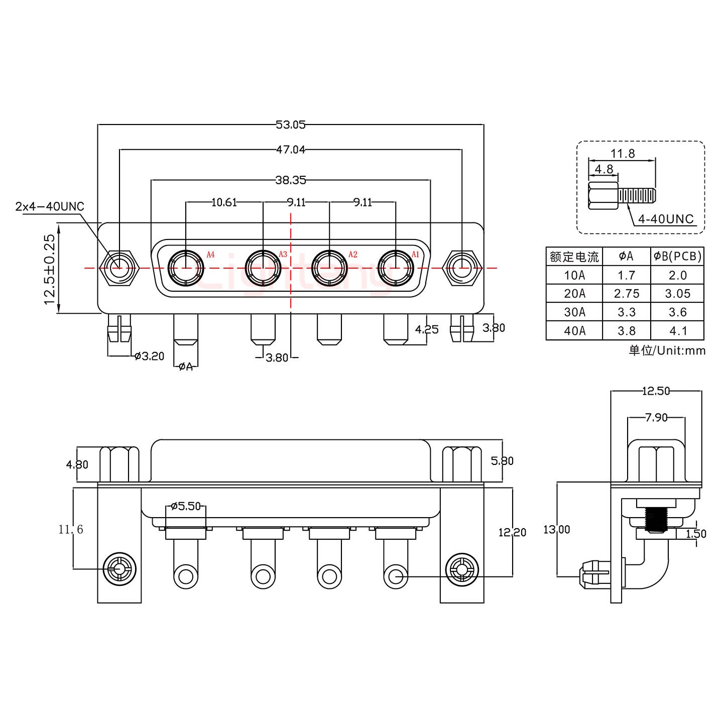 4W4母PCB彎插板/鉚支架11.6/大電流20A